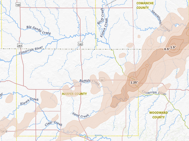 Radar-estimated hail-size map of the storm over Buffalo, OK on Mar 10, 2026