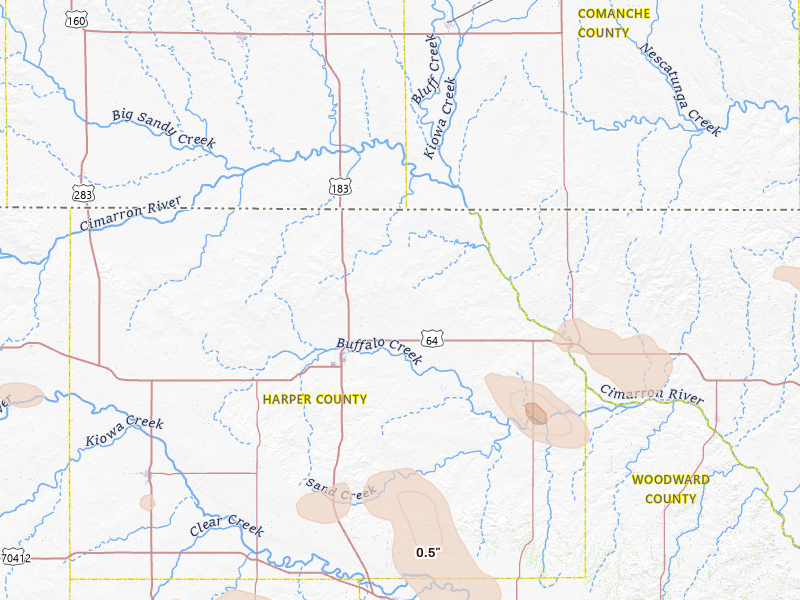 Radar-estimated hail-size map of the storm over Buffalo, OK on May 9, 2026