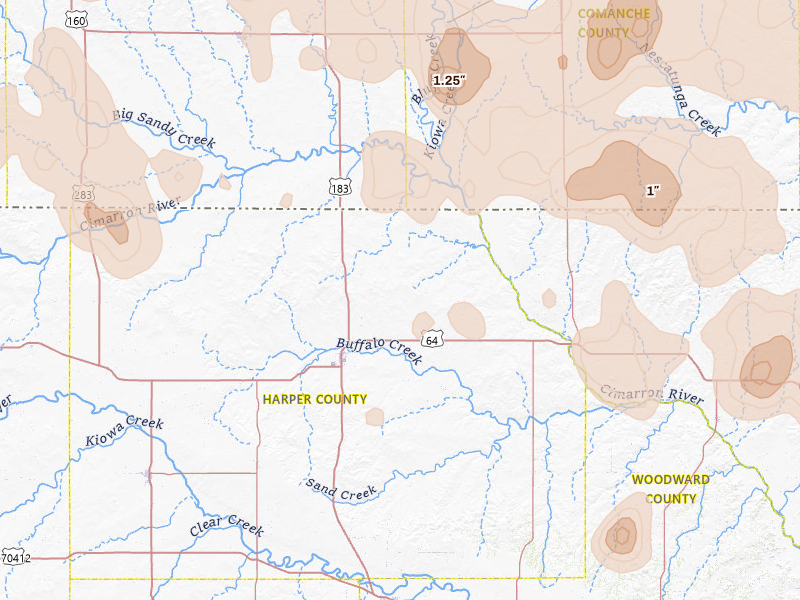Radar-estimated hail-size map of the storm over Buffalo, OK on Jun 1, 2026