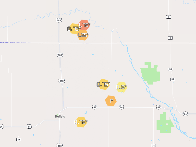 Hail map of Buffalo, OK on Jun 2, 2026, hail up to 1.75"