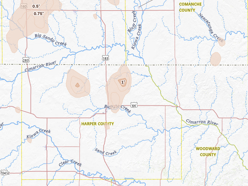 Radar-estimated hail-size map of the storm over Buffalo, OK on Jun 3, 2026
