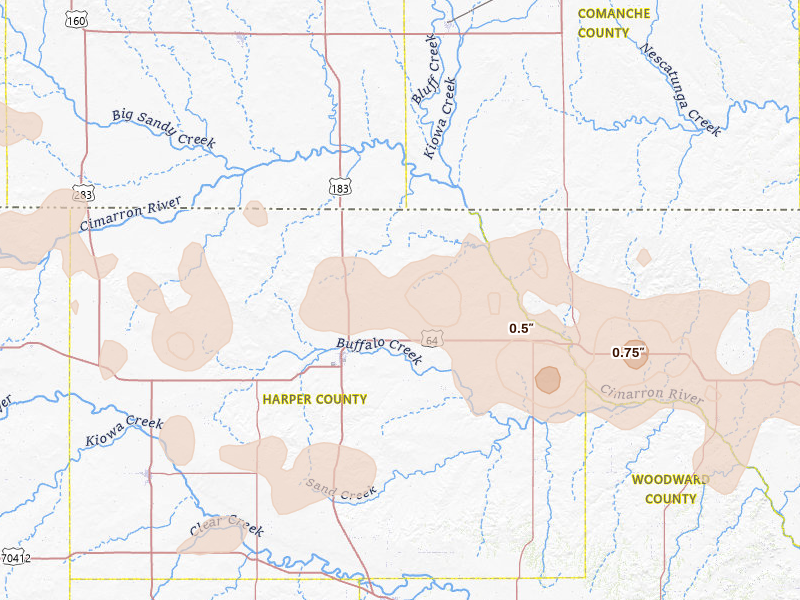 Radar-estimated hail-size map of the storm over Buffalo, OK on Jun 12, 2026