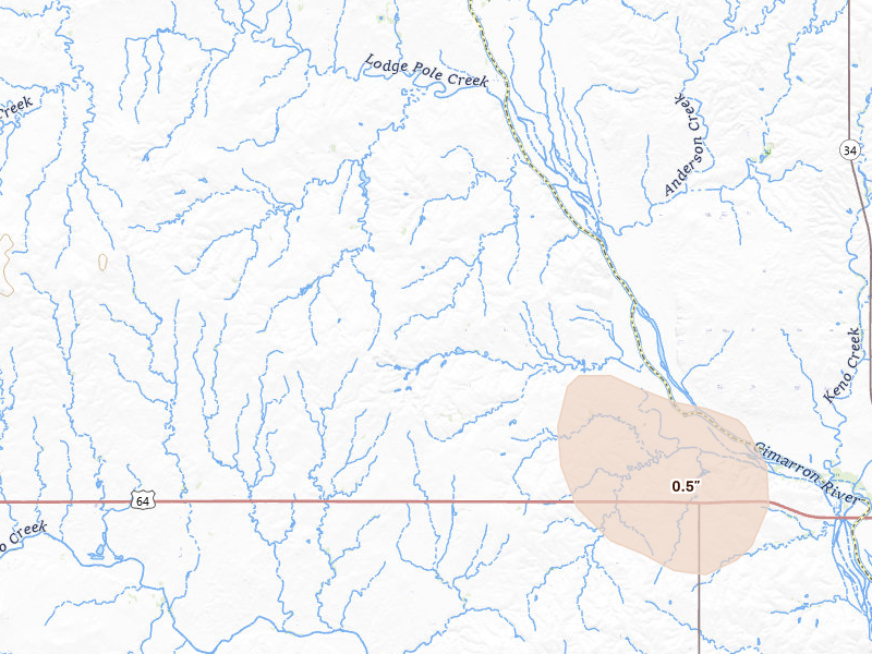 Radar-estimated hail-size map of the storm over Buffalo, OK on Jun 16, 2026