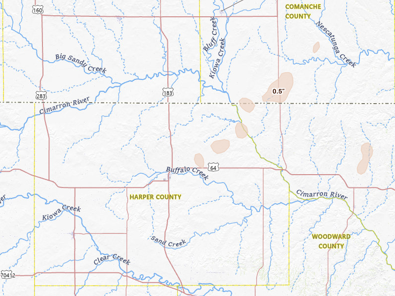 Radar-estimated hail-size map of the storm over Buffalo, OK on Jun 24, 2026