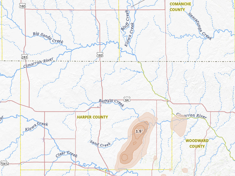 Radar-estimated hail-size map of the storm over Buffalo, OK on Jun 26, 2026