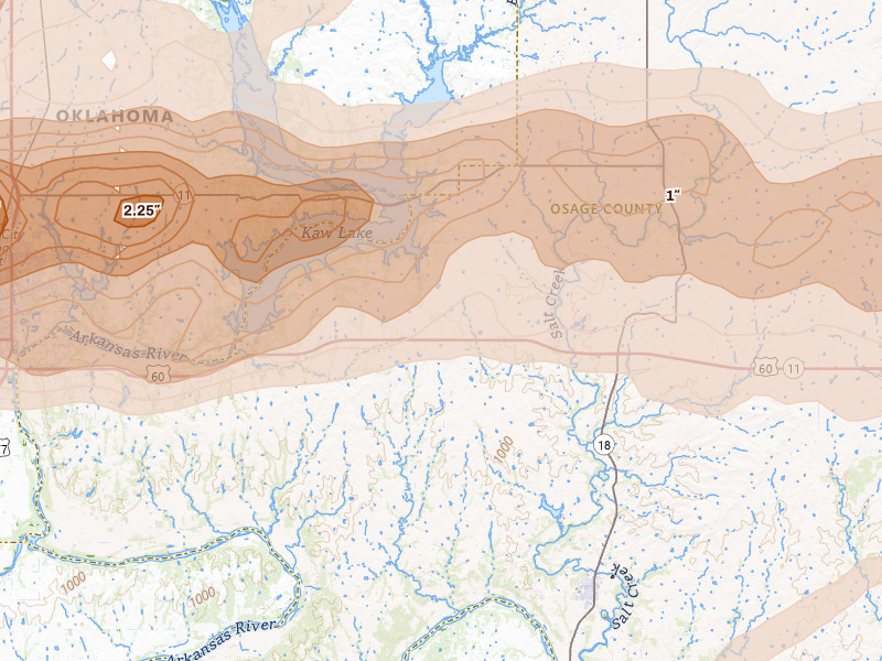 Radar-estimated hail-size map of the storm over Burbank, OK on Apr 17, 2026