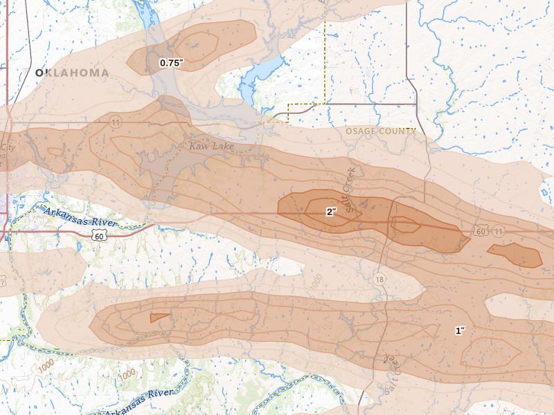 Radar-estimated hail-size map of the storm over Burbank, OK on May 8, 2026