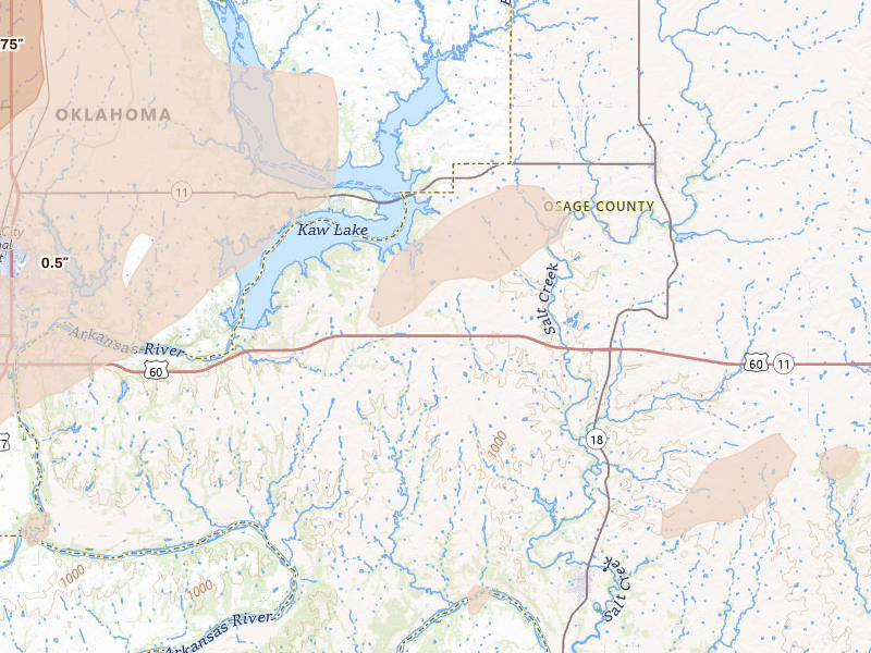 Radar-estimated hail-size map of the storm over Burbank, OK on May 18, 2026