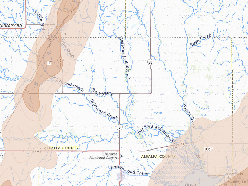 Radar-estimated hail-size map of the storm over Burlington, OK on Mar 5, 2026