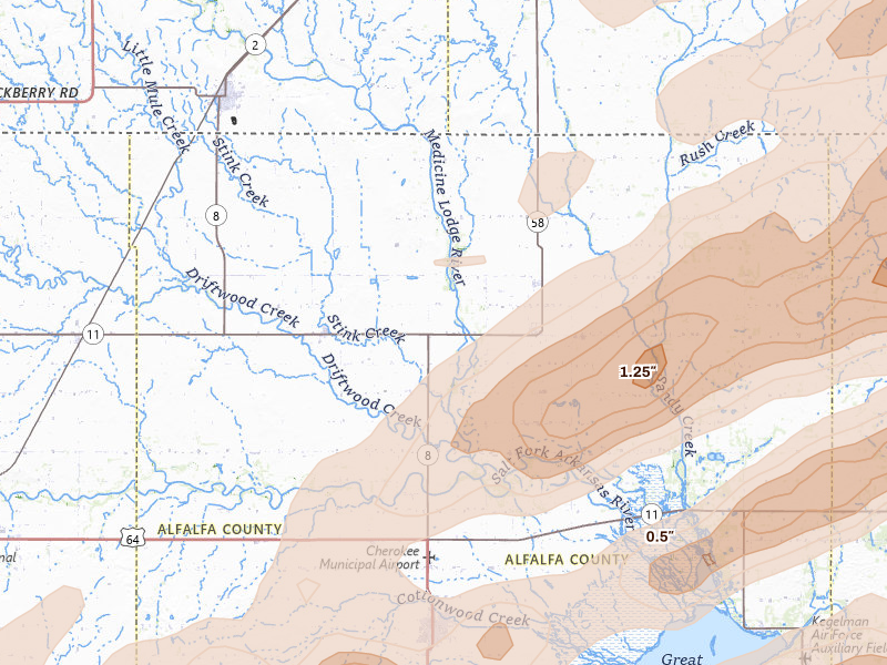 Radar-estimated hail-size map of the storm over Burlington, OK on Apr 17, 2026