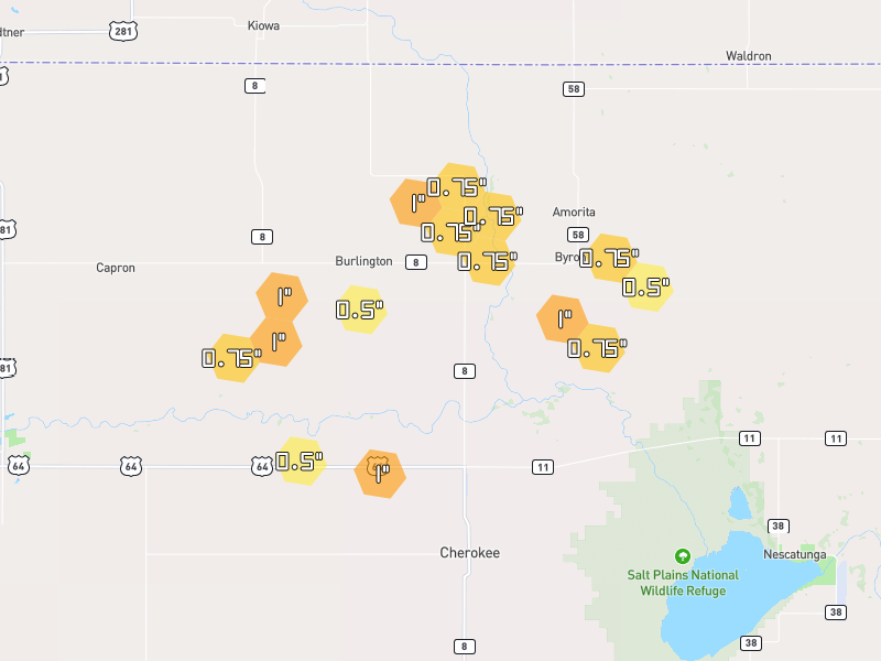 Hail map of Burlington, OK on Jun 2, 2026, hail up to 1"