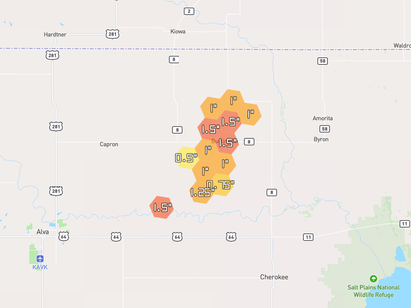 Hail map of Burlington, OK on Jun 27, 2026, hail up to 1.5"