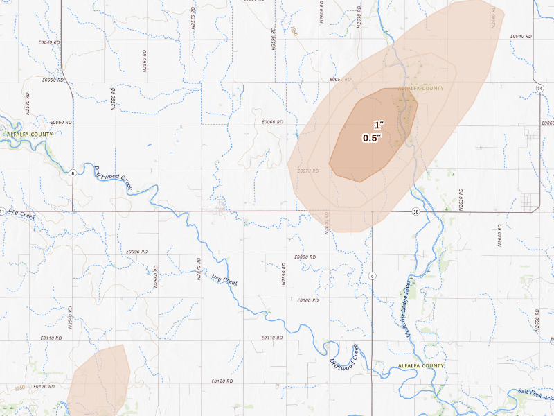 Radar-estimated hail-size map of the storm over Burlington, OK on Sep 15, 2026