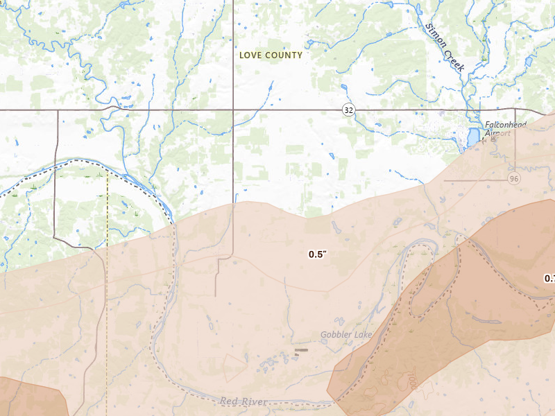 Radar-estimated hail-size map of the storm over Burneyville, OK on Apr 28, 2026