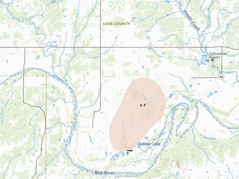 Radar-estimated hail-size map of the storm over Burneyville, OK on May 22, 2026