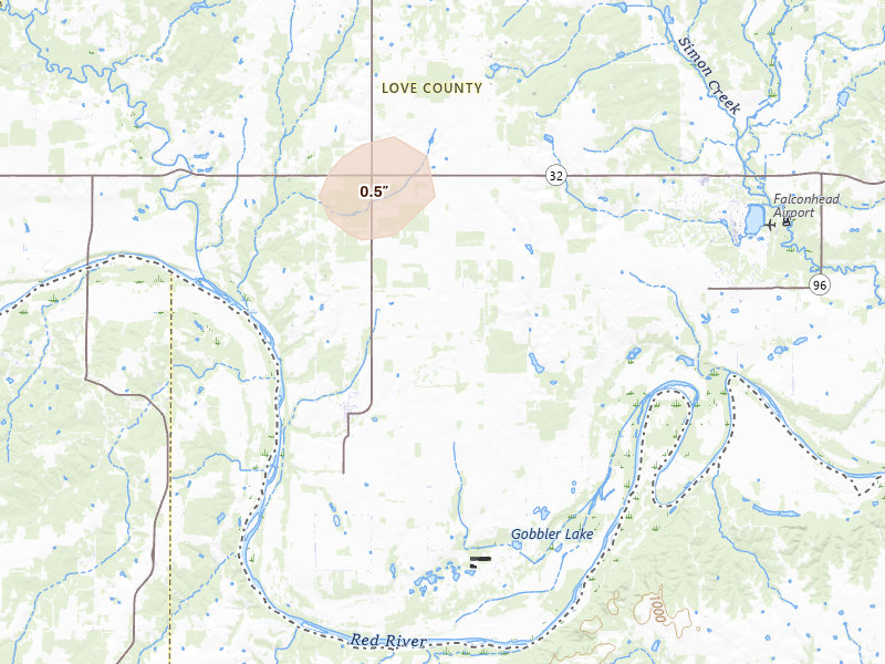 Radar-estimated hail-size map of the storm over Burneyville, OK on Jun 6, 2026