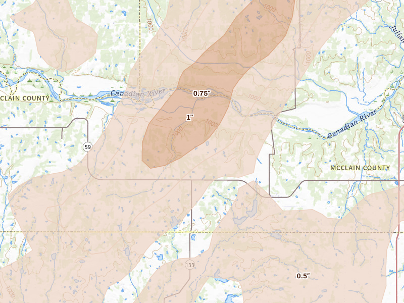Radar-estimated hail-size map of the storm over Byars, OK on Mar 6, 2026