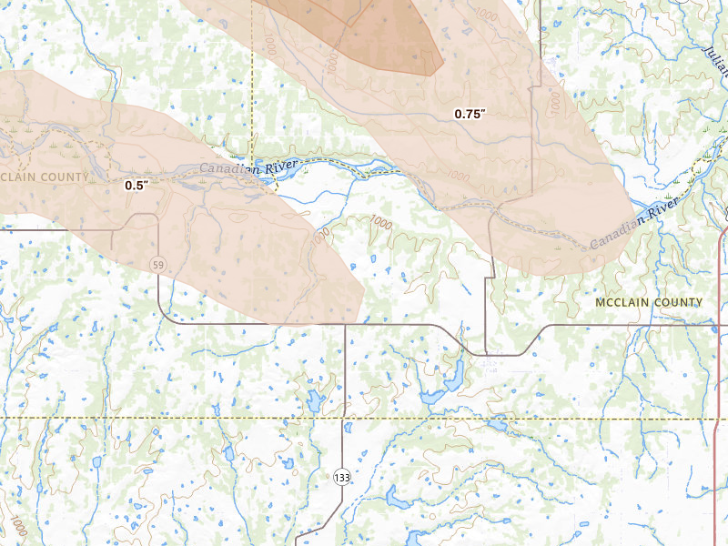 Radar-estimated hail-size map of the storm over Byars, OK on May 8, 2026