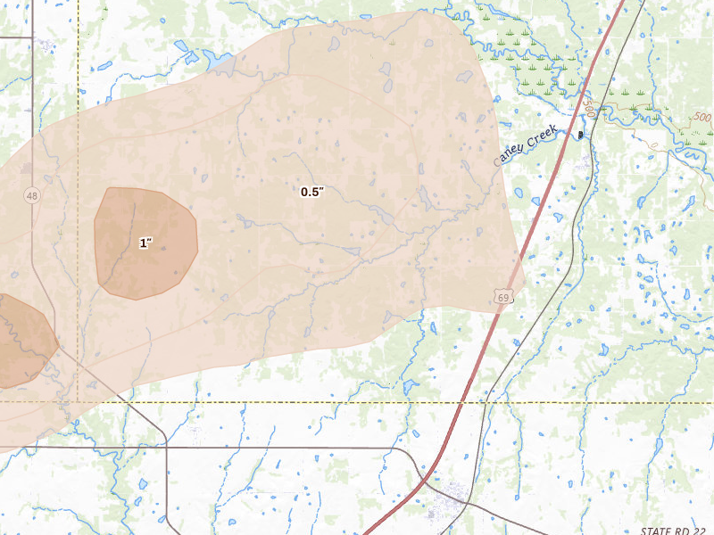 Radar-estimated hail-size map of the storm over Caddo, OK on Mar 8, 2026