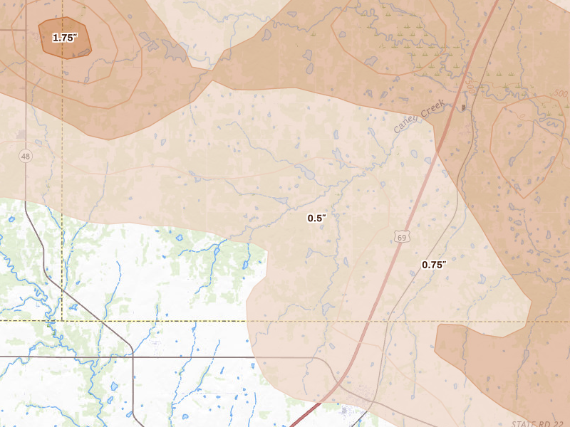 Radar-estimated hail-size map of the storm over Caddo, OK on Apr 25, 2026