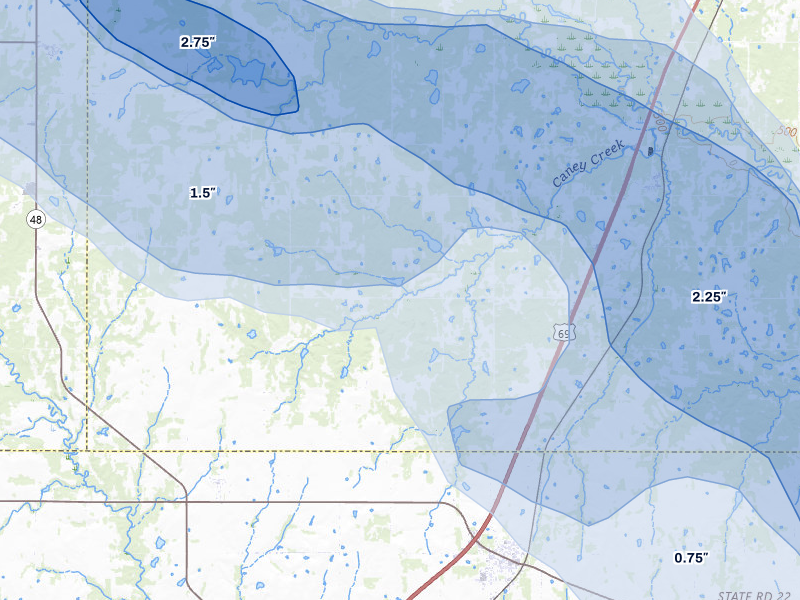 NEXRAD radar-signature map of the hail storm over Caddo, OK on Apr 25, 2026