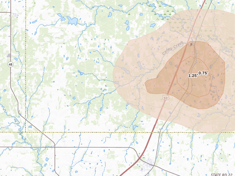 Radar-estimated hail-size map of the storm over Caddo, OK on Jun 23, 2026