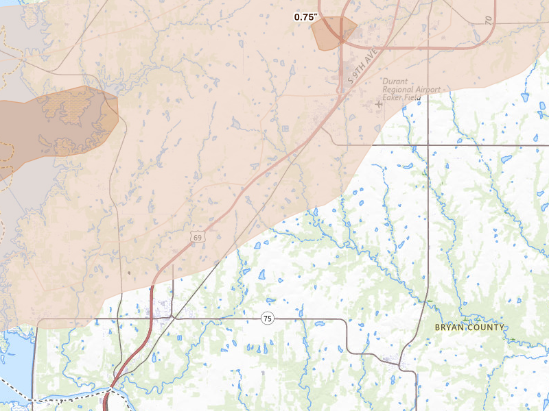 Radar-estimated hail-size map of the storm over Calera, OK on Apr 28, 2026