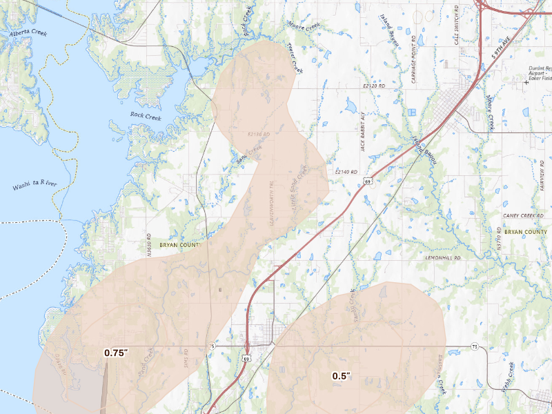 Radar-estimated hail-size map of the storm over Calera, OK