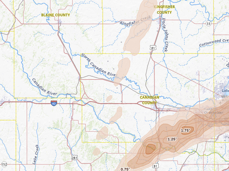 Radar-estimated hail-size map of the storm over Calumet, OK on Mar 10, 2026