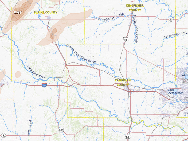 Radar-estimated hail-size map of the storm over Calumet, OK on Apr 1, 2026