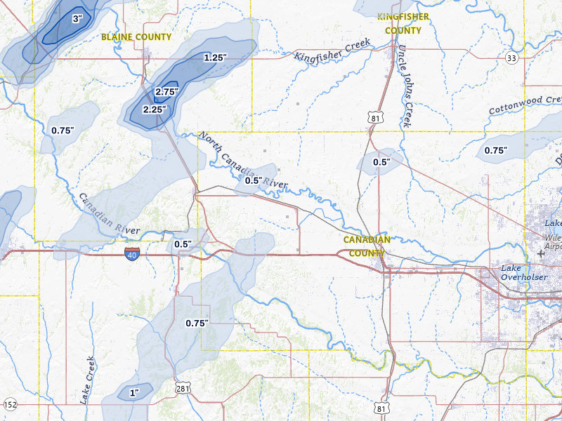 NEXRAD radar-signature map of the hail storm over Calumet, OK on Apr 1, 2026