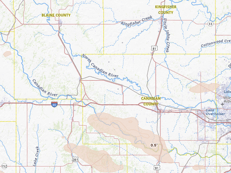 Radar-estimated hail-size map of the storm over Calumet, OK on May 9, 2026