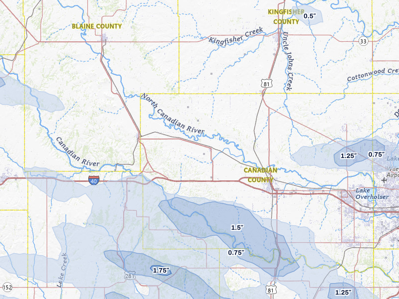 NEXRAD radar-signature map of the hail over Calumet, OK