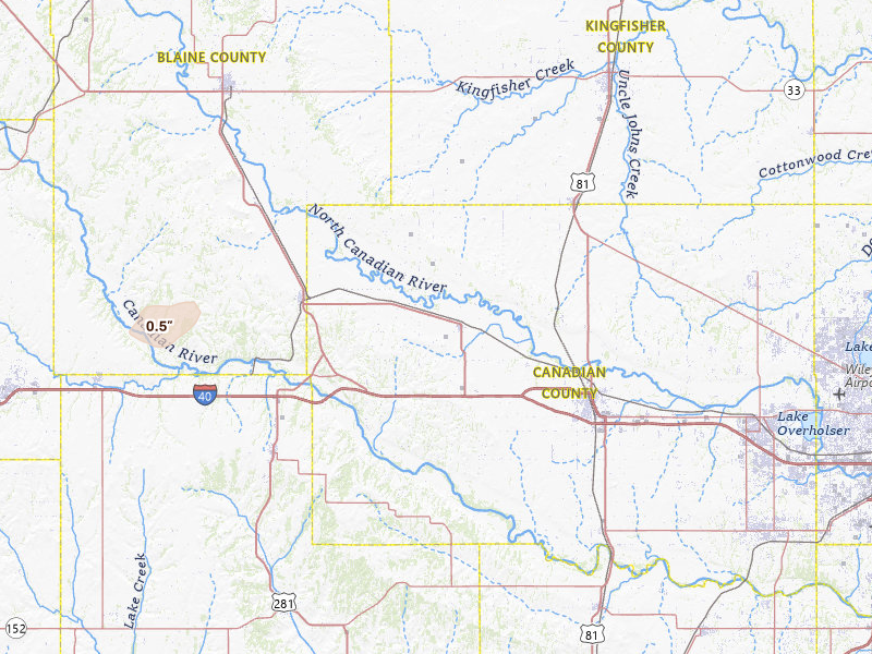 Radar-estimated hail-size map of the storm over Calumet, OK on May 15, 2026