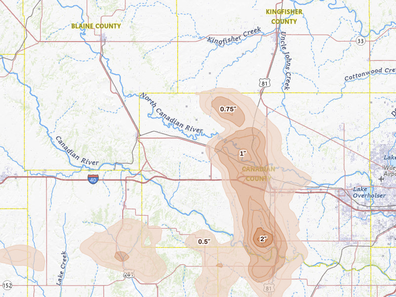 Radar-estimated hail-size map of the storm over Calumet, OK on Jun 11, 2026