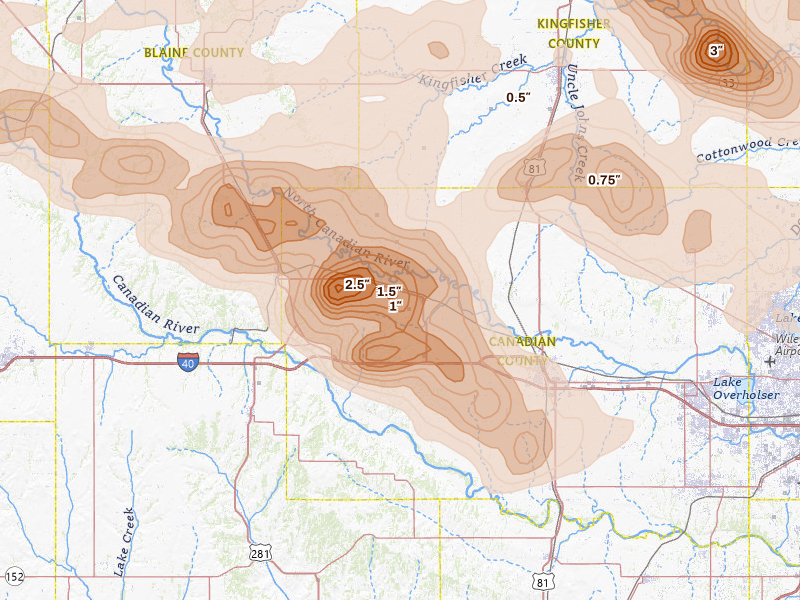 Radar-estimated hail-size map of the storm over Calumet, OK on Jun 26, 2026