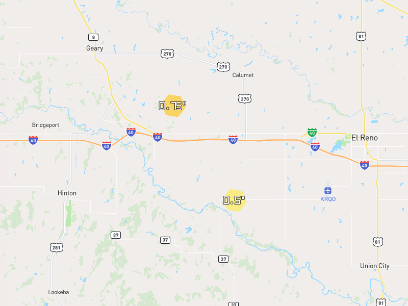 Hail map of Calumet, OK on Jun 26, 2026, hail up to 0.75"