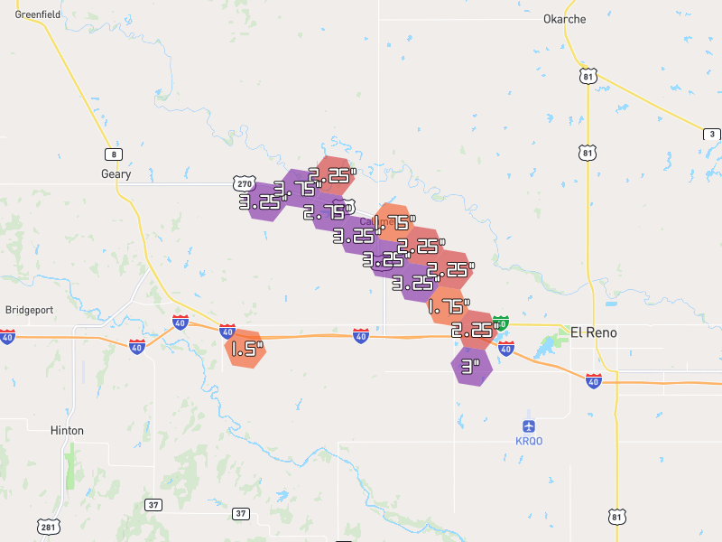 Hail map of Calumet, OK on Jun 27, 2026, hail up to 3.75"