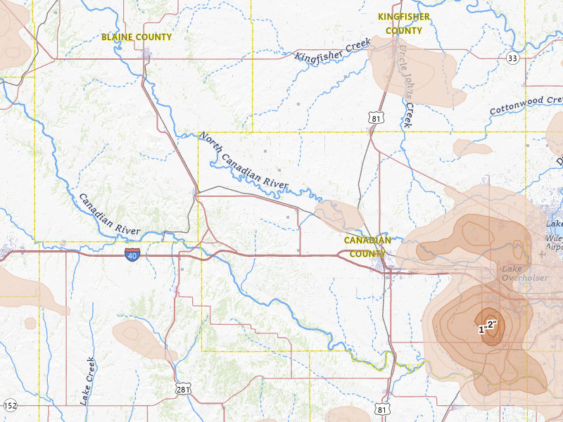 Radar-estimated hail-size map of the storm over Calumet, OK on Jul 4, 2026