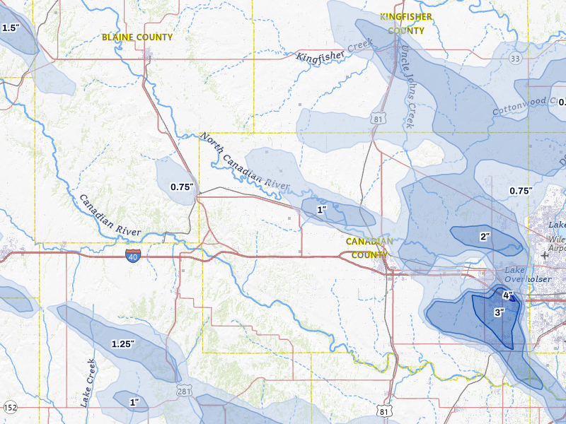 NEXRAD radar-signature map of the hail over Calumet, OK