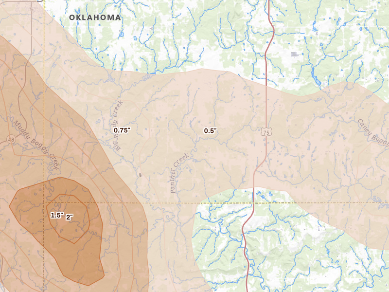 Radar-estimated hail-size map of the storm over Calvin, OK on Apr 24, 2026