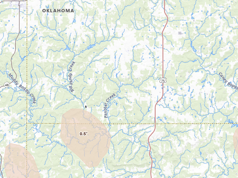 Radar-estimated hail-size map of the storm over Calvin, OK on May 22, 2026