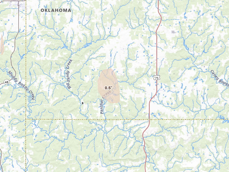 Radar-estimated hail-size map of the storm over Calvin, OK on Aug 7, 2026