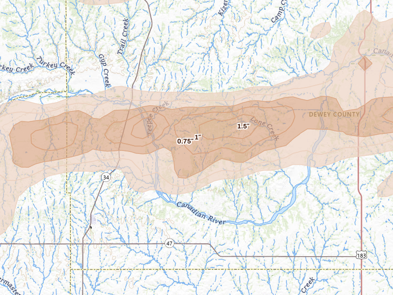 Radar-estimated hail-size map of the storm over Camargo, OK on Apr 17, 2026