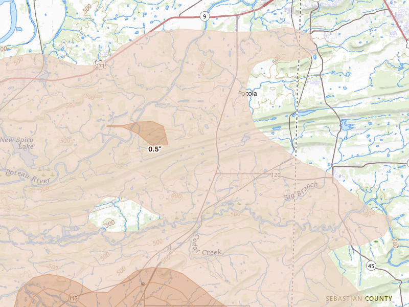 Radar-estimated hail-size map of the storm over Cameron, OK on Apr 25, 2026