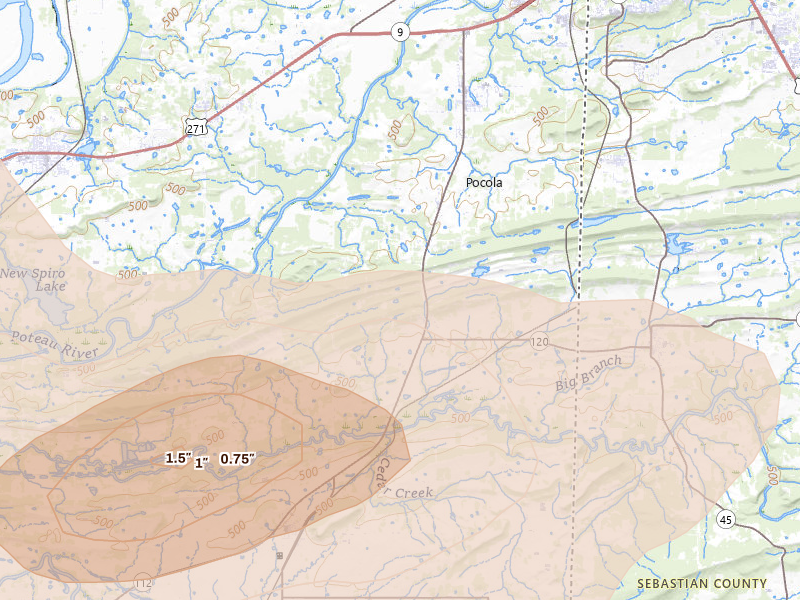 Radar-estimated hail-size map of the storm over Cameron, OK on Apr 28, 2026
