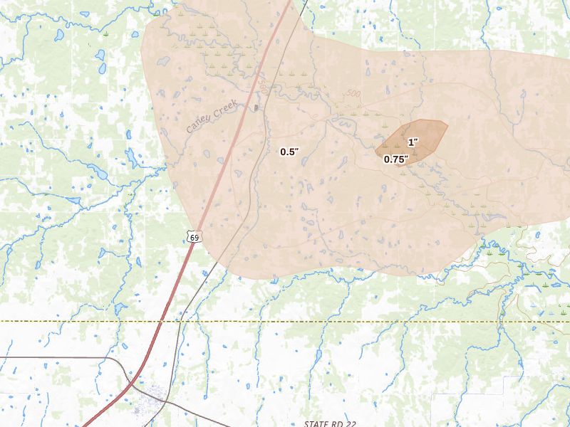 Radar-estimated hail-size map of the storm over Caney, OK on Mar 9, 2026
