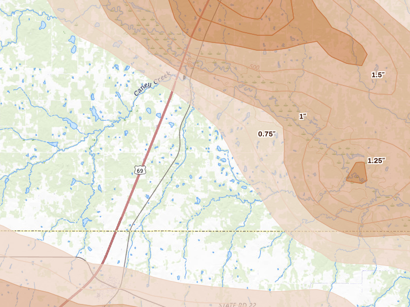 Radar-estimated hail-size map of the storm over Caney, OK on Apr 24, 2026