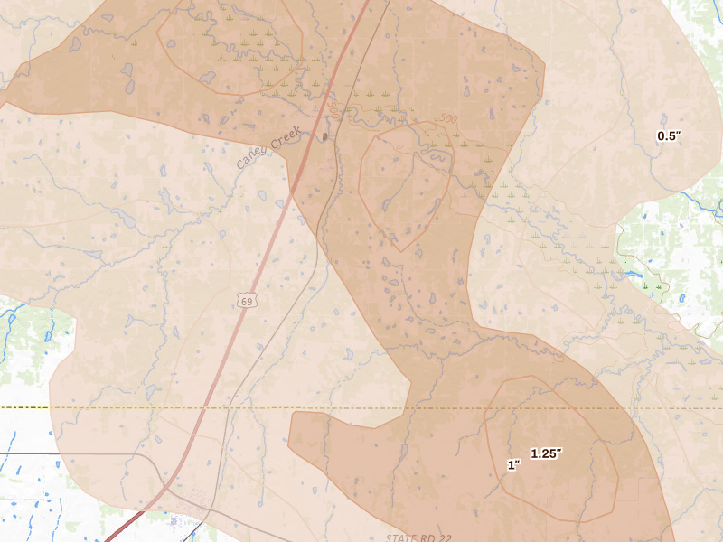 Radar-estimated hail-size map of the storm over Caney, OK on Apr 25, 2026