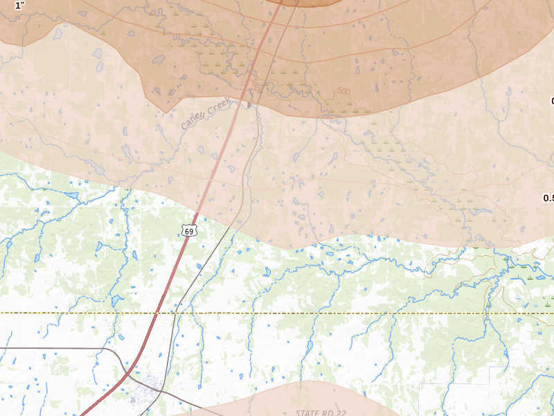 Radar-estimated hail-size map of the storm over Caney, OK on Apr 28, 2026
